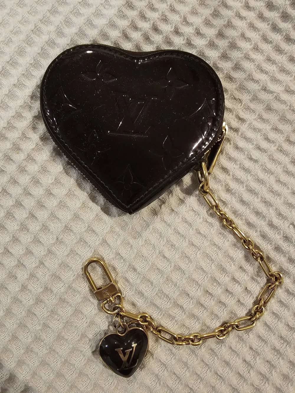 Louis Vuitton Dark Brown Patent Heart Coin Purse with Gold Chain Charm